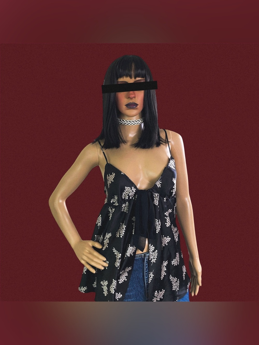 Black Floral Tie-Front Spaghetti Strap Tank